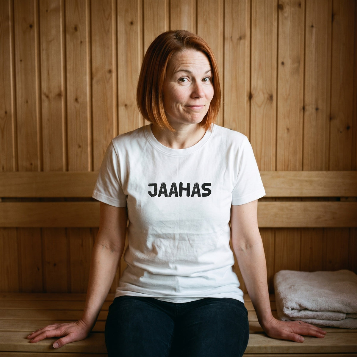 Jaahas Finnish language t-shirt in white, worn by a woman sitting on a bench in a sauna changing room, Very Finnish Problems