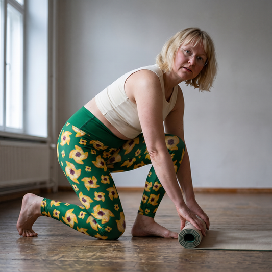 Joulutorttu Finnish holiday yoga leggings, worn by Marika unrolling a mat in a yoga studio, Very Finnish Problems