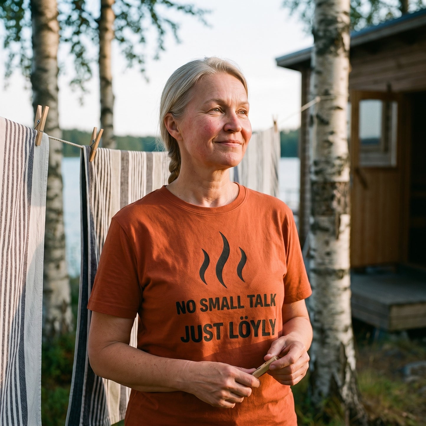 No Small Talk Just Löyly t-shirt in burnt orange, worn by a woman by a washing line of sauna towels at a Finnish mökki, Very Finnish Problems