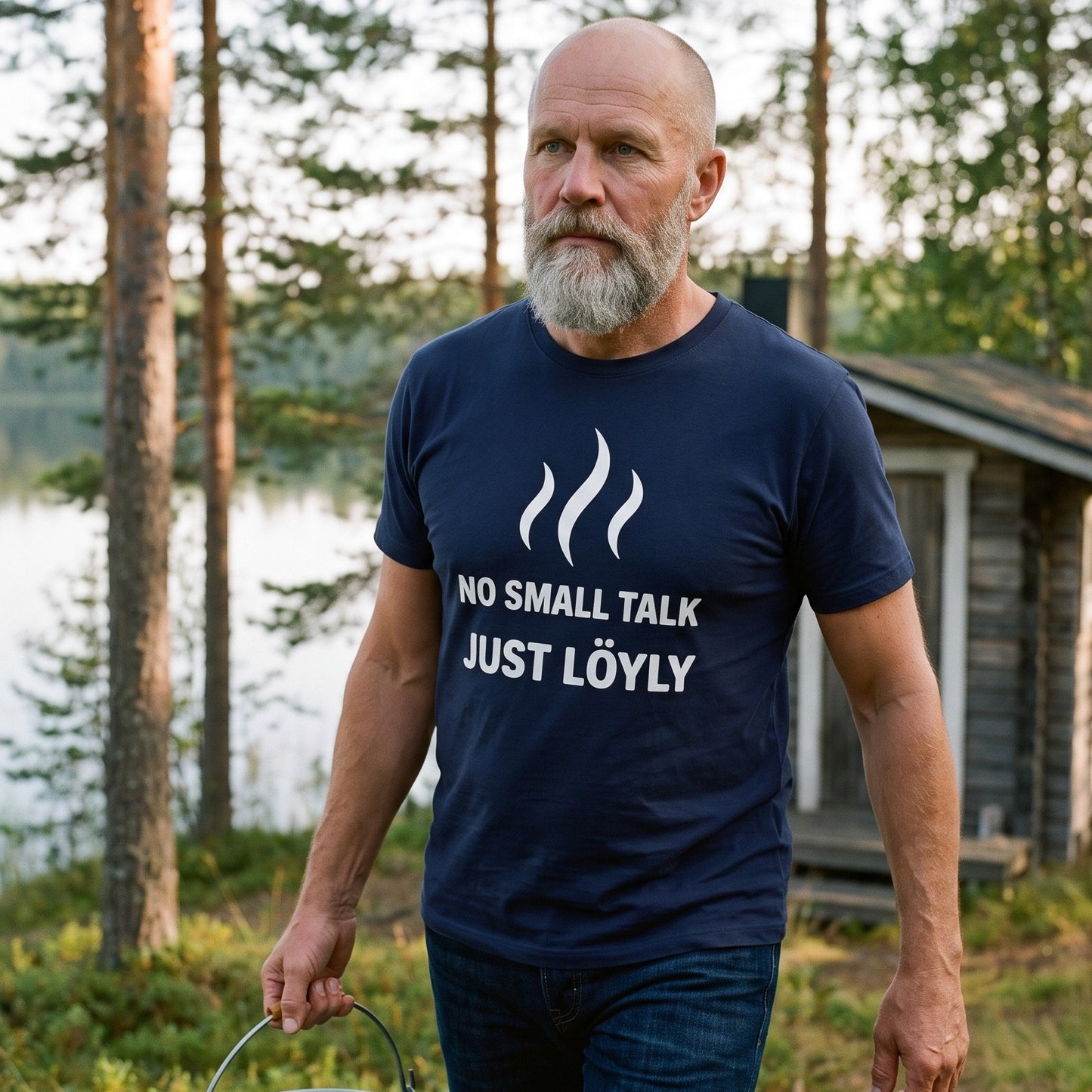 No Small Talk Just Löyly t-shirt in navy, worn by a man carrying a bucket of lake water up to the sauna, Very Finnish Problems