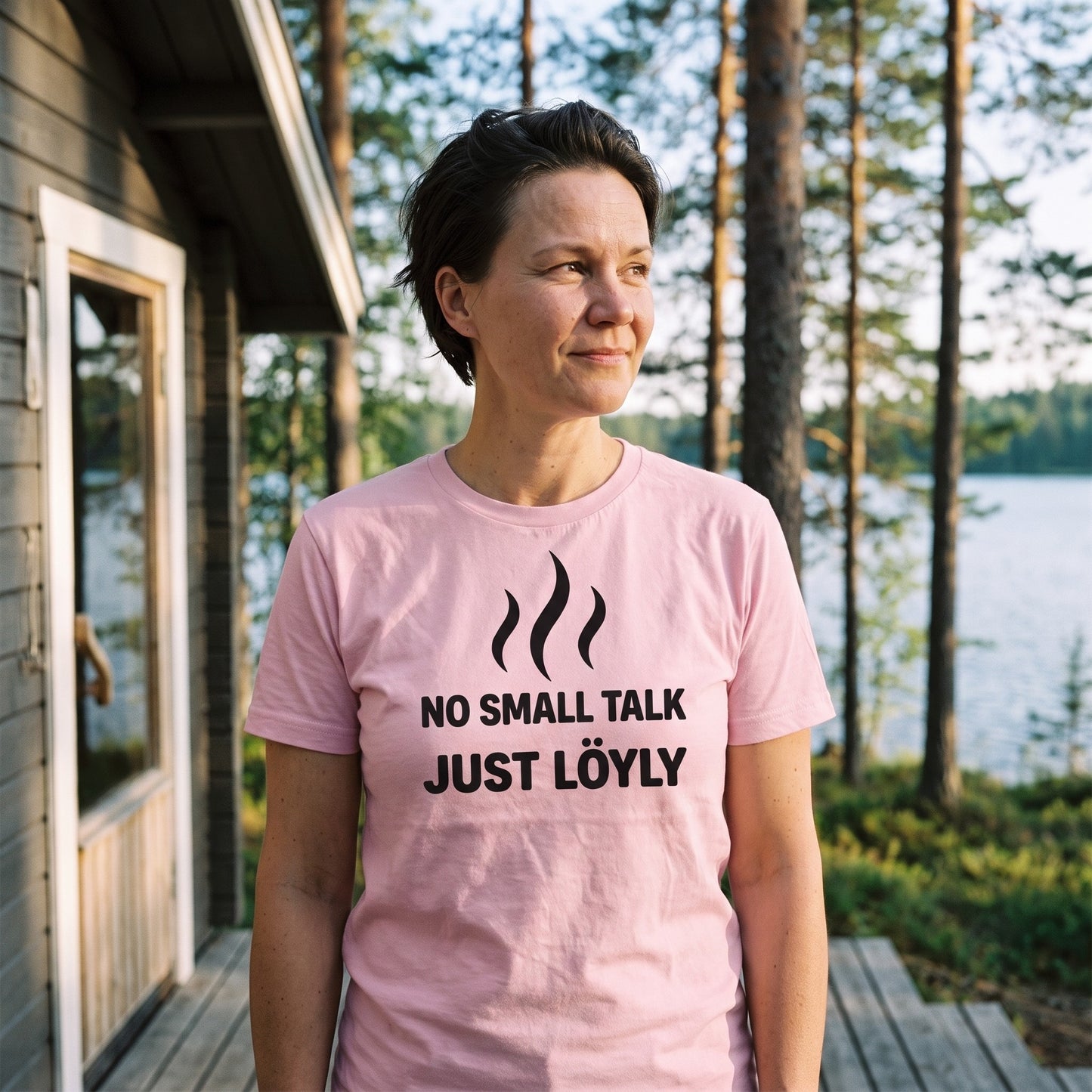 No Small Talk Just Löyly t-shirt in pink, worn by a woman on the deck of a lakeside Finnish sauna, Very Finnish Problems