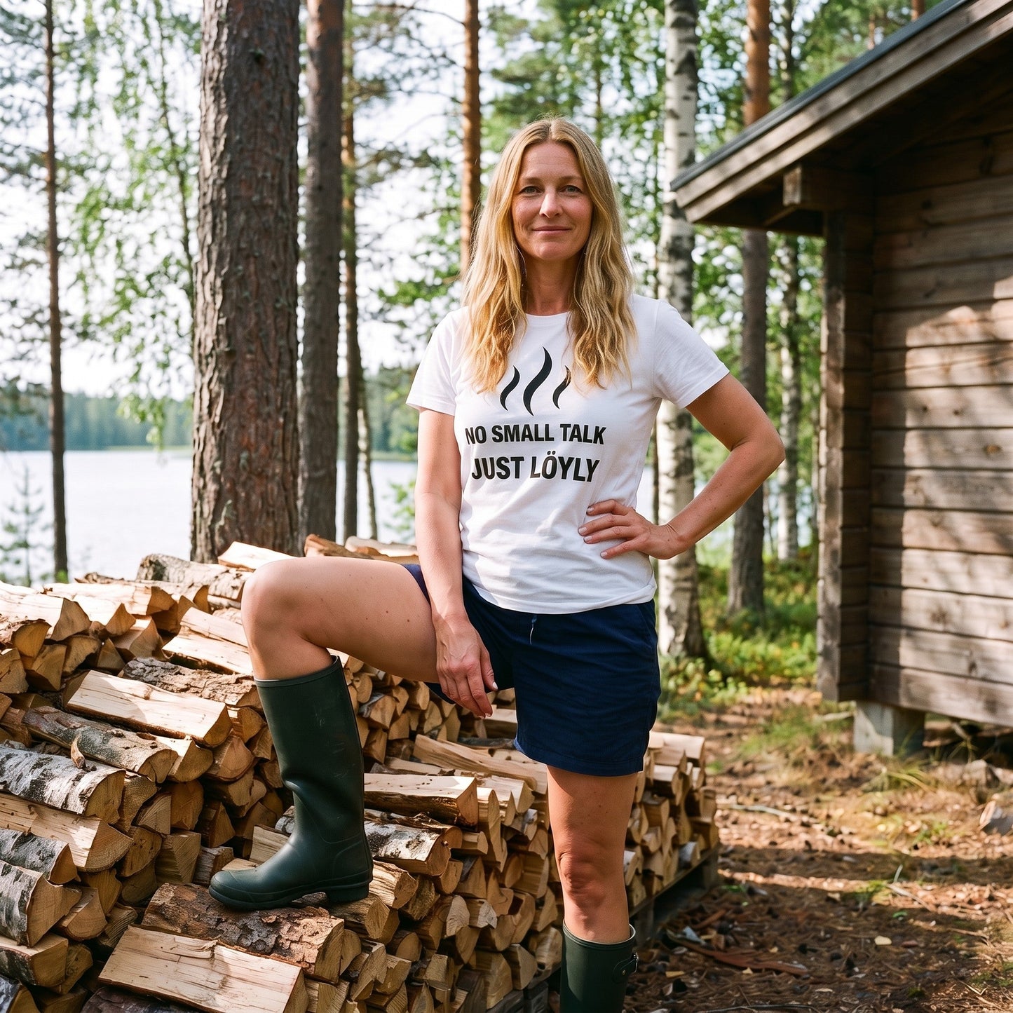 No Small Talk Just Löyly t-shirt in white, worn by a woman resting a boot on a stack of firewood by a Finnish lake, Very Finnish Problems