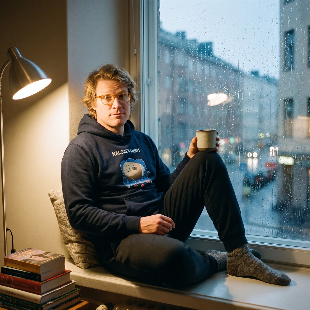 Kalsarikännit hoodie in navy, worn by a man in glasses with a mug on a rainy Helsinki window seat, Very Finnish Problems