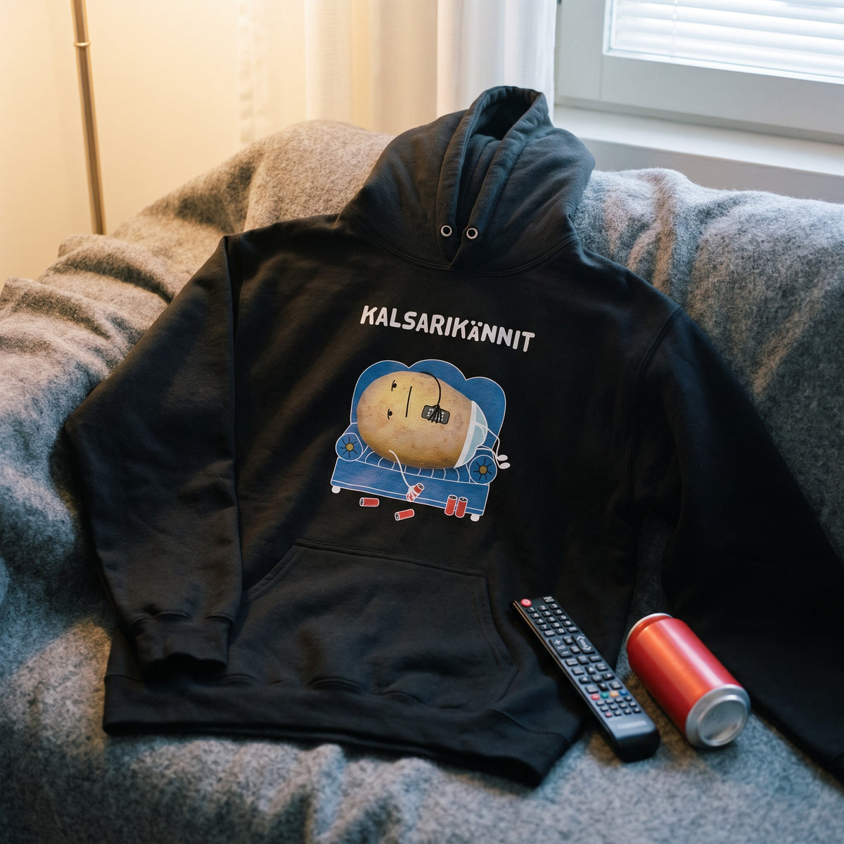 Close-up of the Kalsarikännit potato-on-the-sofa print on a black hoodie, Very Finnish Problems