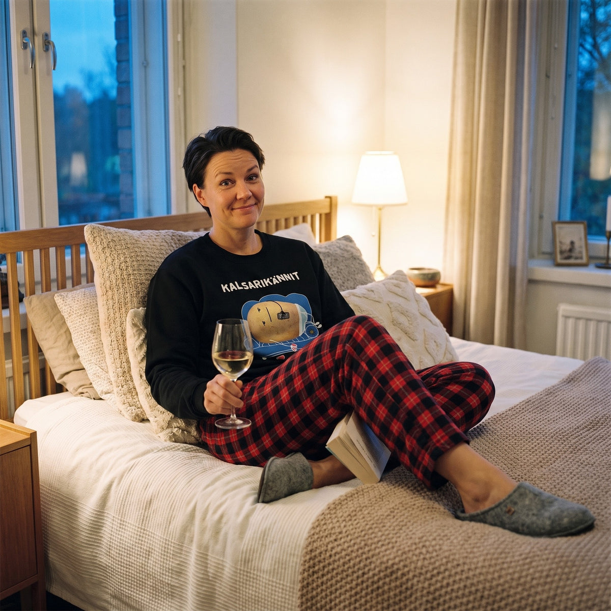 Kalsarikännit sweatshirt in black, worn by a woman with a pixie cut on a bed with a book and a glass of wine, Very Finnish Problems