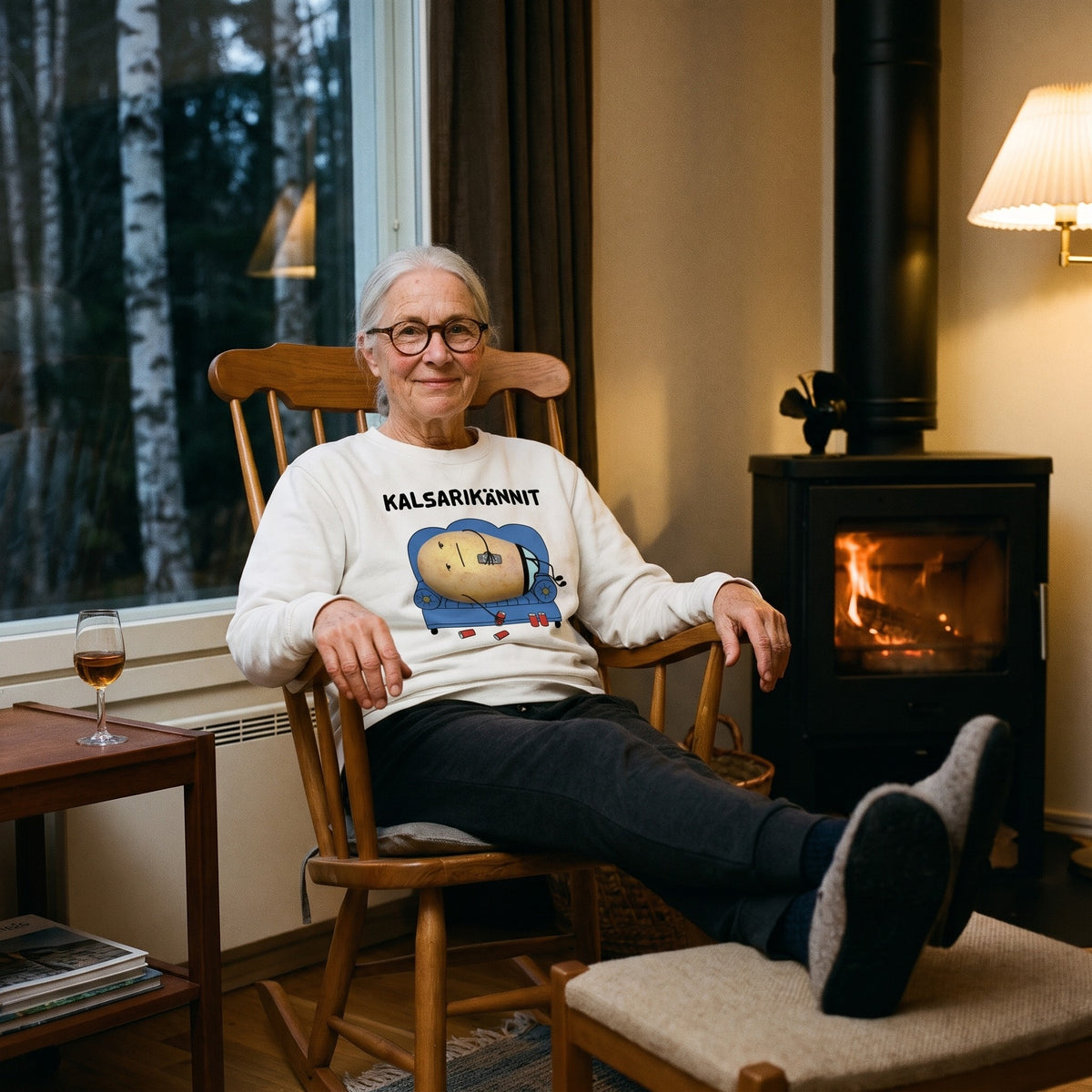 Kalsarikännit sweatshirt in white, worn by a woman in a rocking chair by a wood stove, Very Finnish Problems