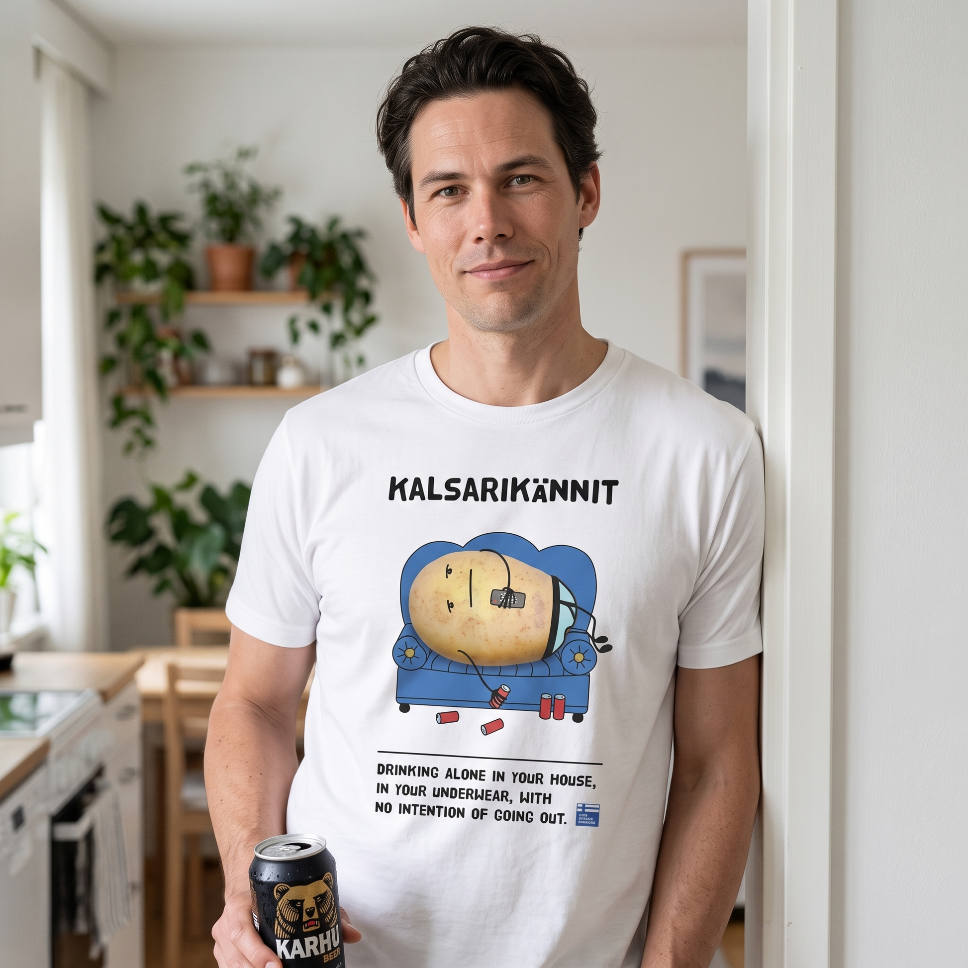 Kalsarikännit t-shirt worn by a man drinking at home in his underwear, Very Finnish Problems