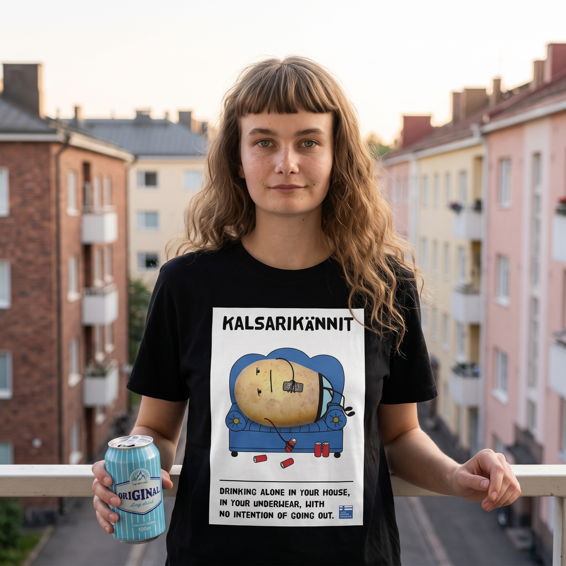 Kalsarikännit t-shirt in black, worn by a woman on a Helsinki balcony, Very Finnish Problems