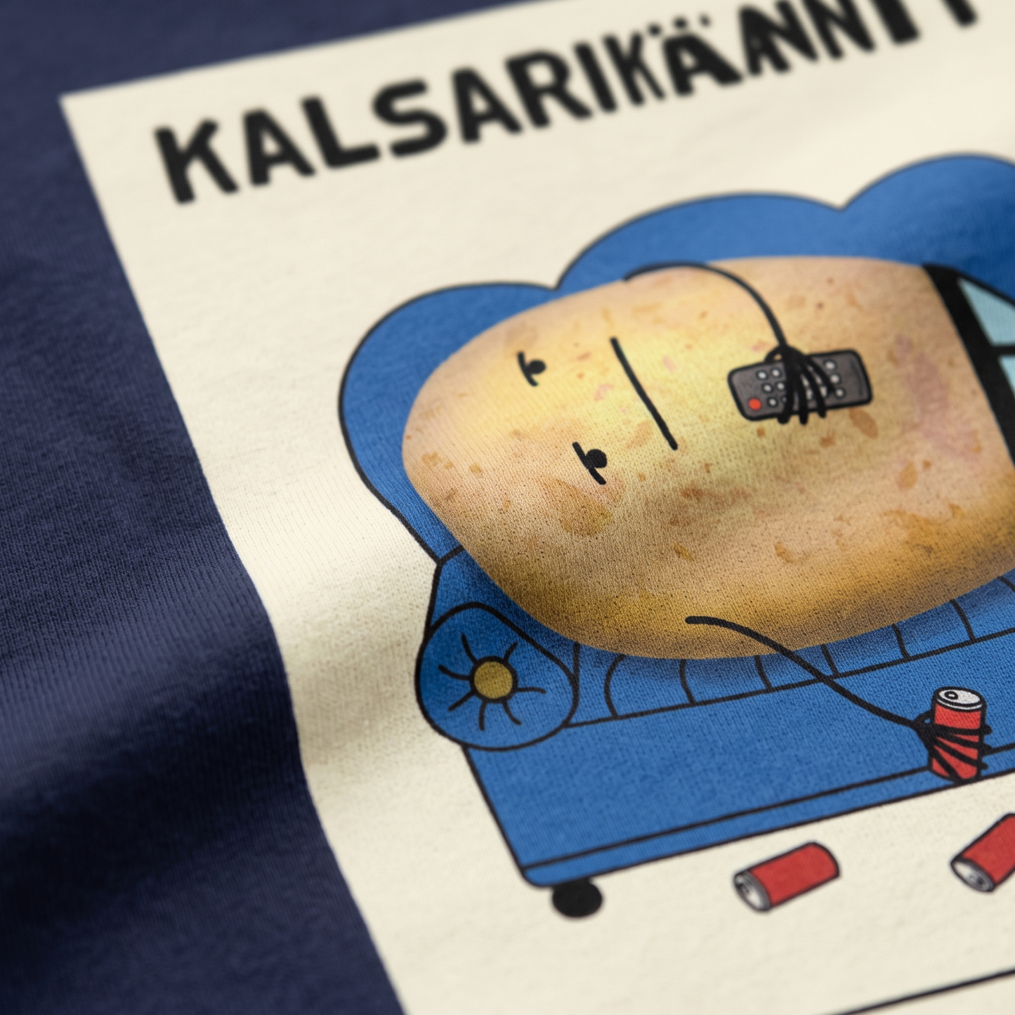 Close-up of the Kalsarikännit print on t-shirt fabric, Very Finnish Problems