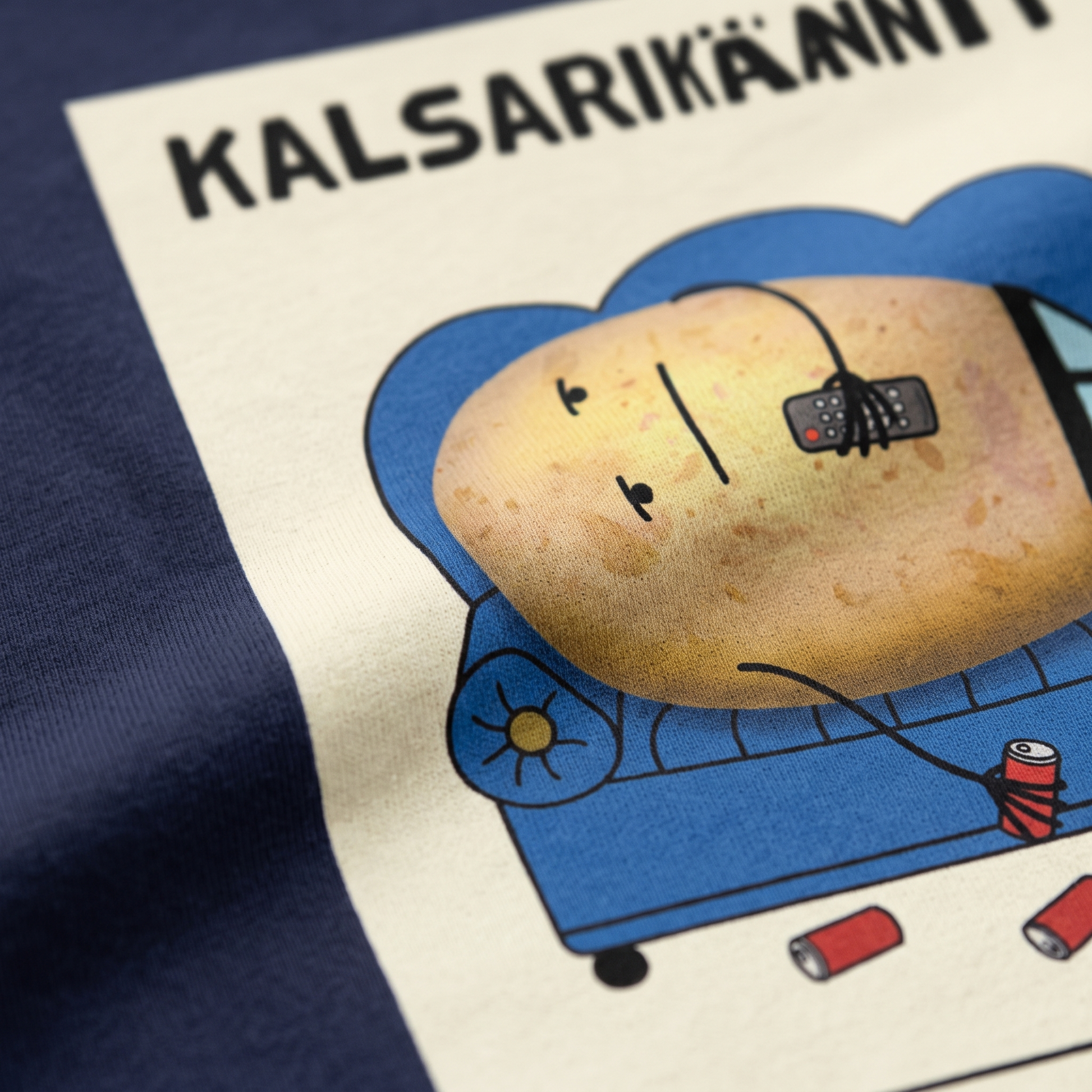 Close-up of the Kalsarikännit print on t-shirt fabric, Very Finnish Problems