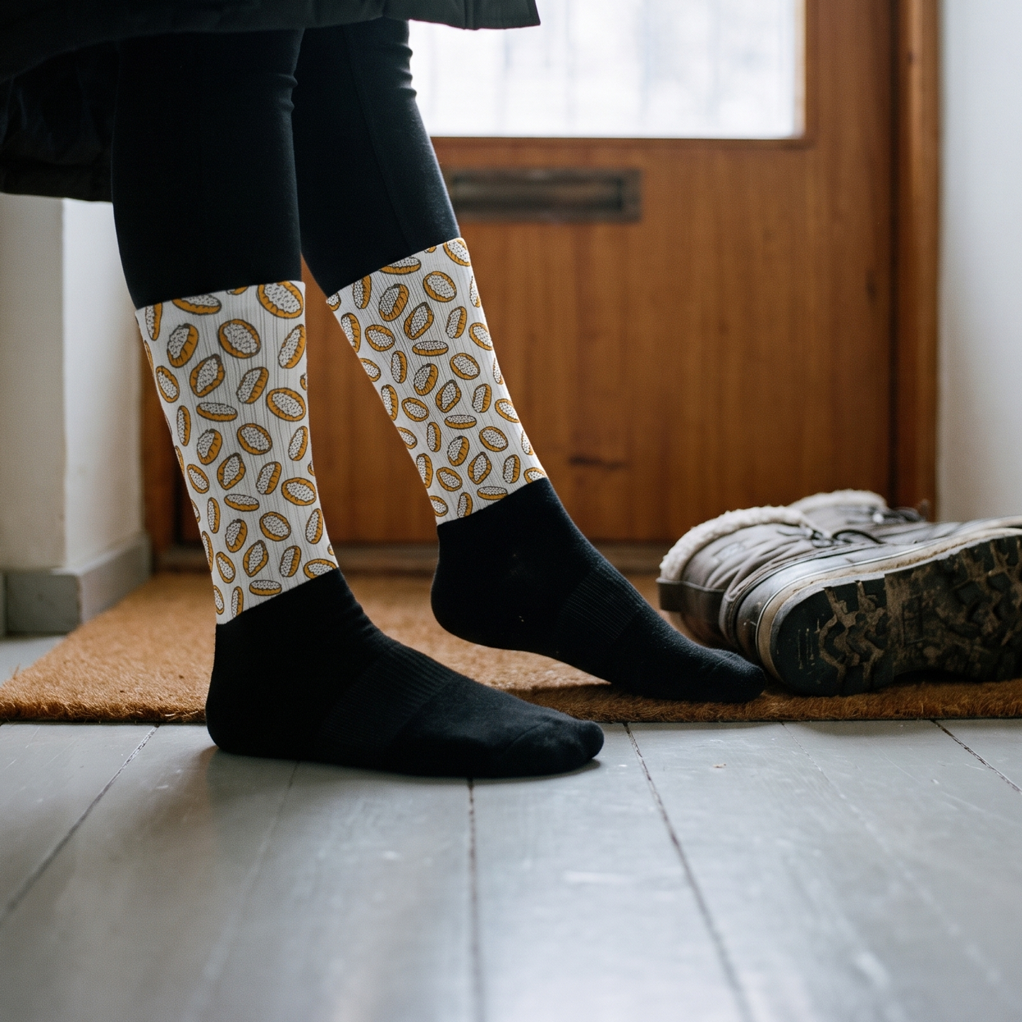 Karjalanpiirakka socks in a Finnish hallway with winter boots just taken off, Very Finnish Problems
