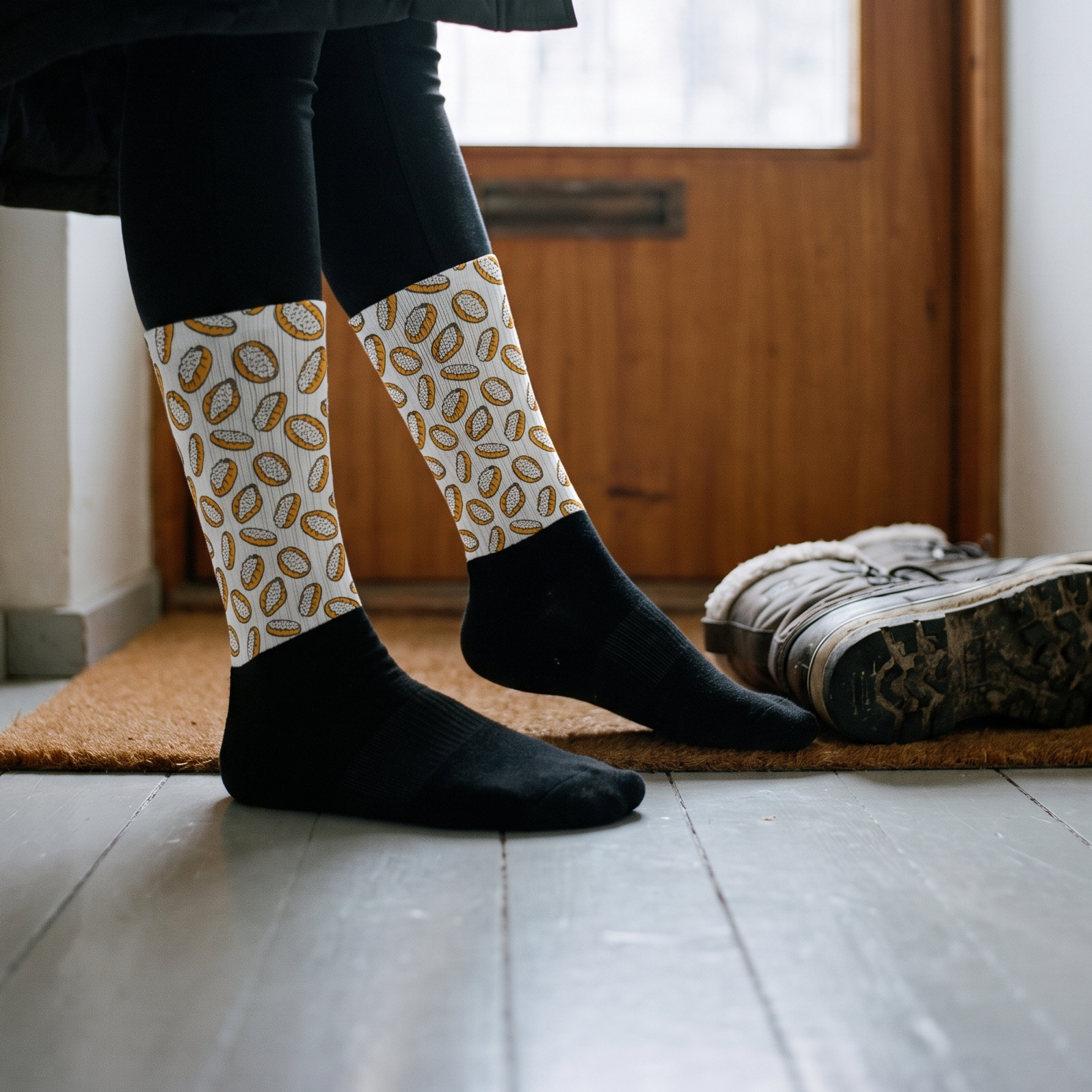 Karjalanpiirakka socks in a Finnish hallway with winter boots just taken off, Very Finnish Problems