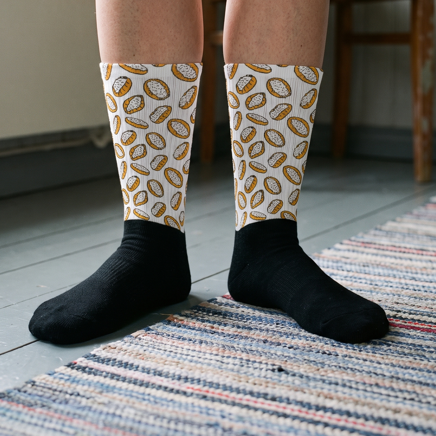Karjalanpiirakka socks worn on a Finnish rag rug in a summer cottage, Very Finnish Problems