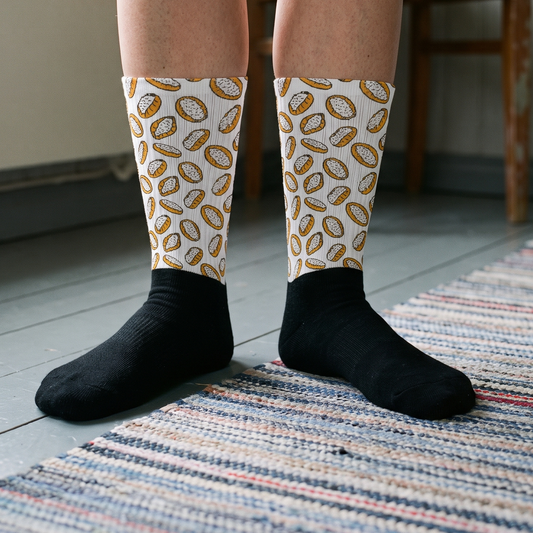 Karjalanpiirakka socks worn on a Finnish rag rug in a summer cottage, Very Finnish Problems
