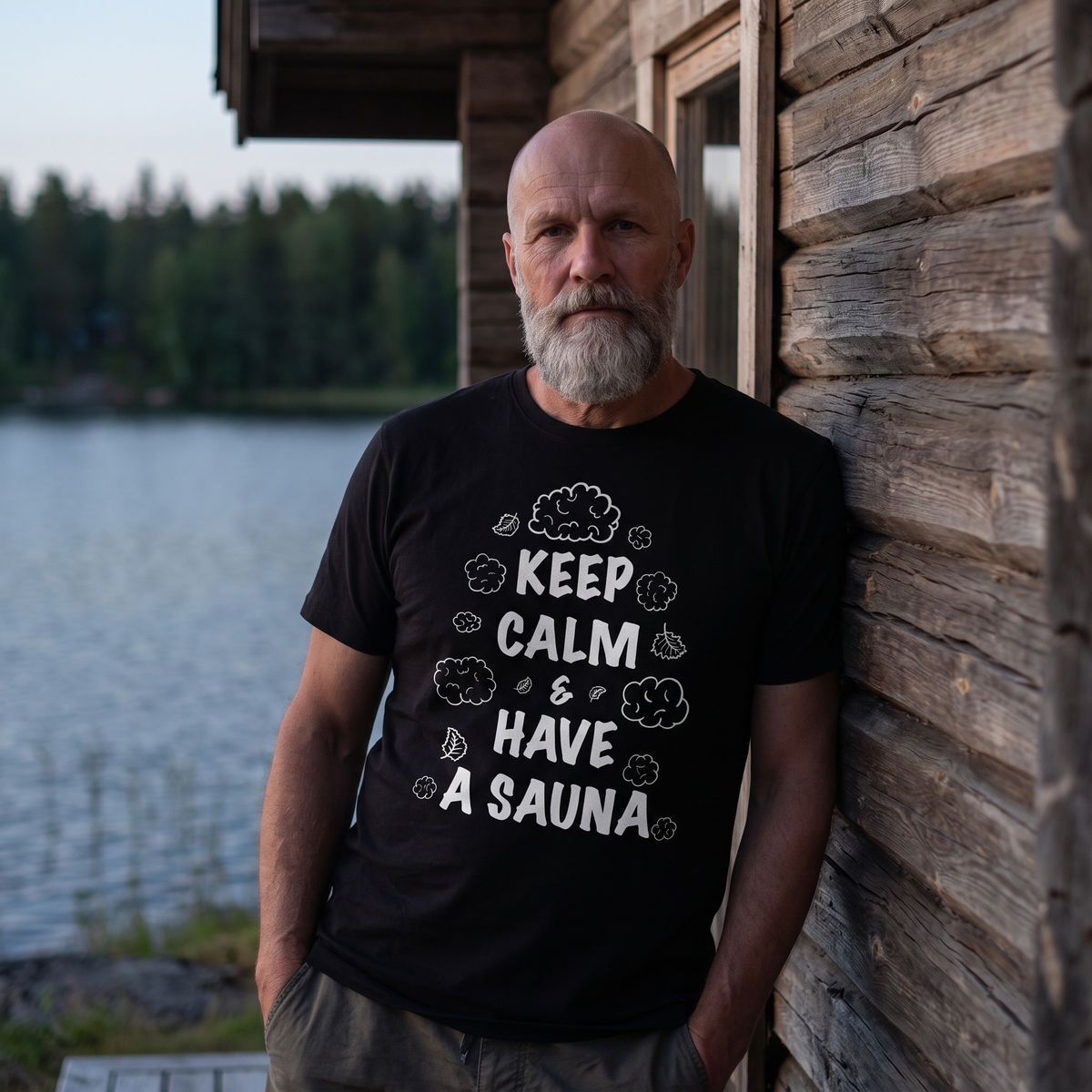 Keep Calm and Have a Sauna t-shirt in black, worn by Mikko at a log sauna by a lake, Very Finnish Problems