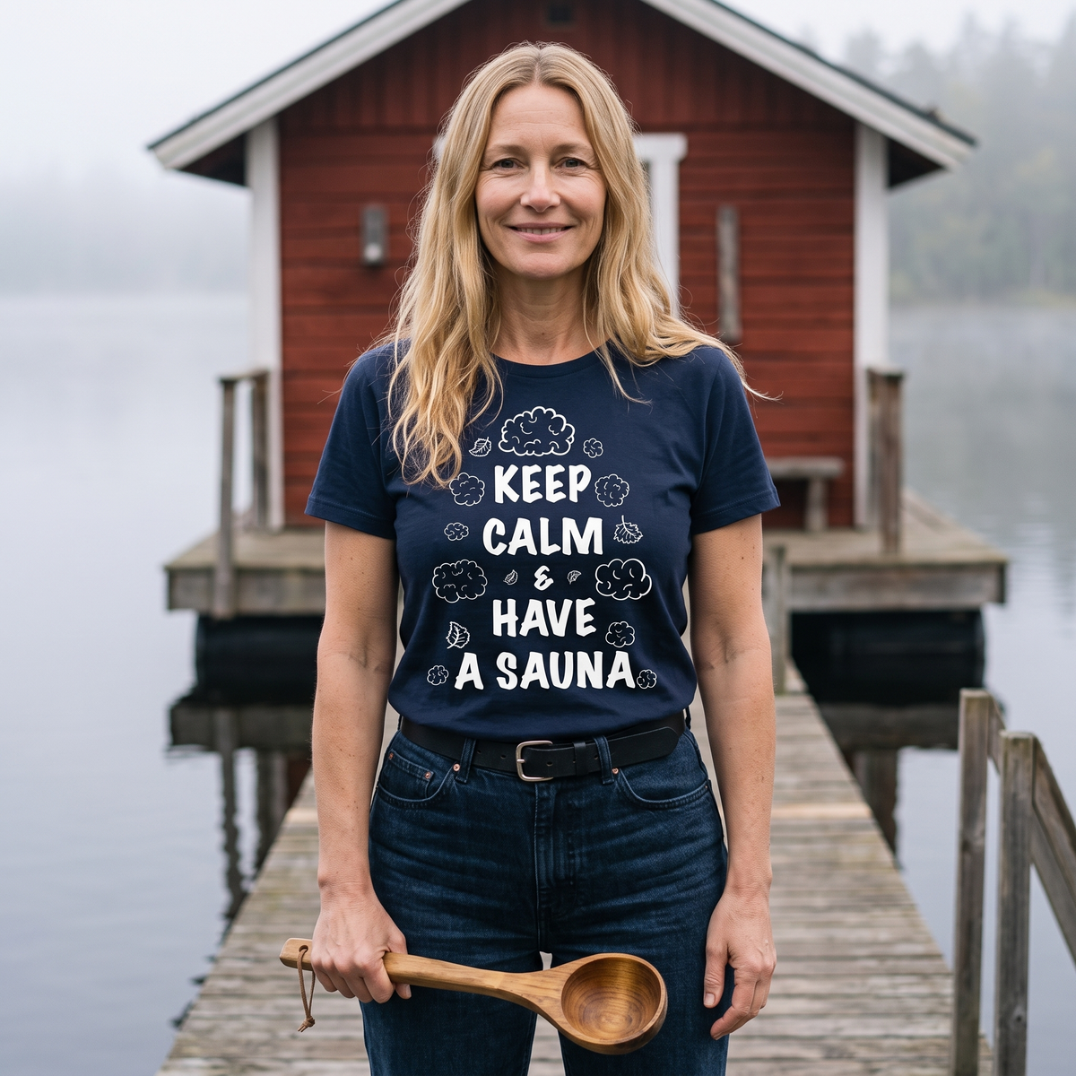 Keep Calm and Have a Sauna t-shirt in navy, worn by Elina on a sauna jetty with a ladle, Very Finnish Problems