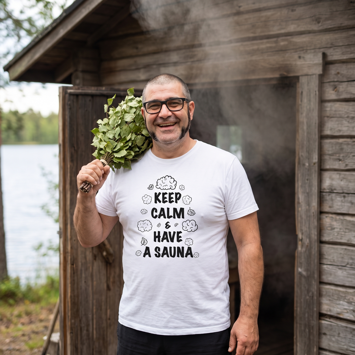 Keep Calm and Have a Sauna t-shirt in white, worn by Jaska with a birch vihta outside a smoke sauna, Very Finnish Problems