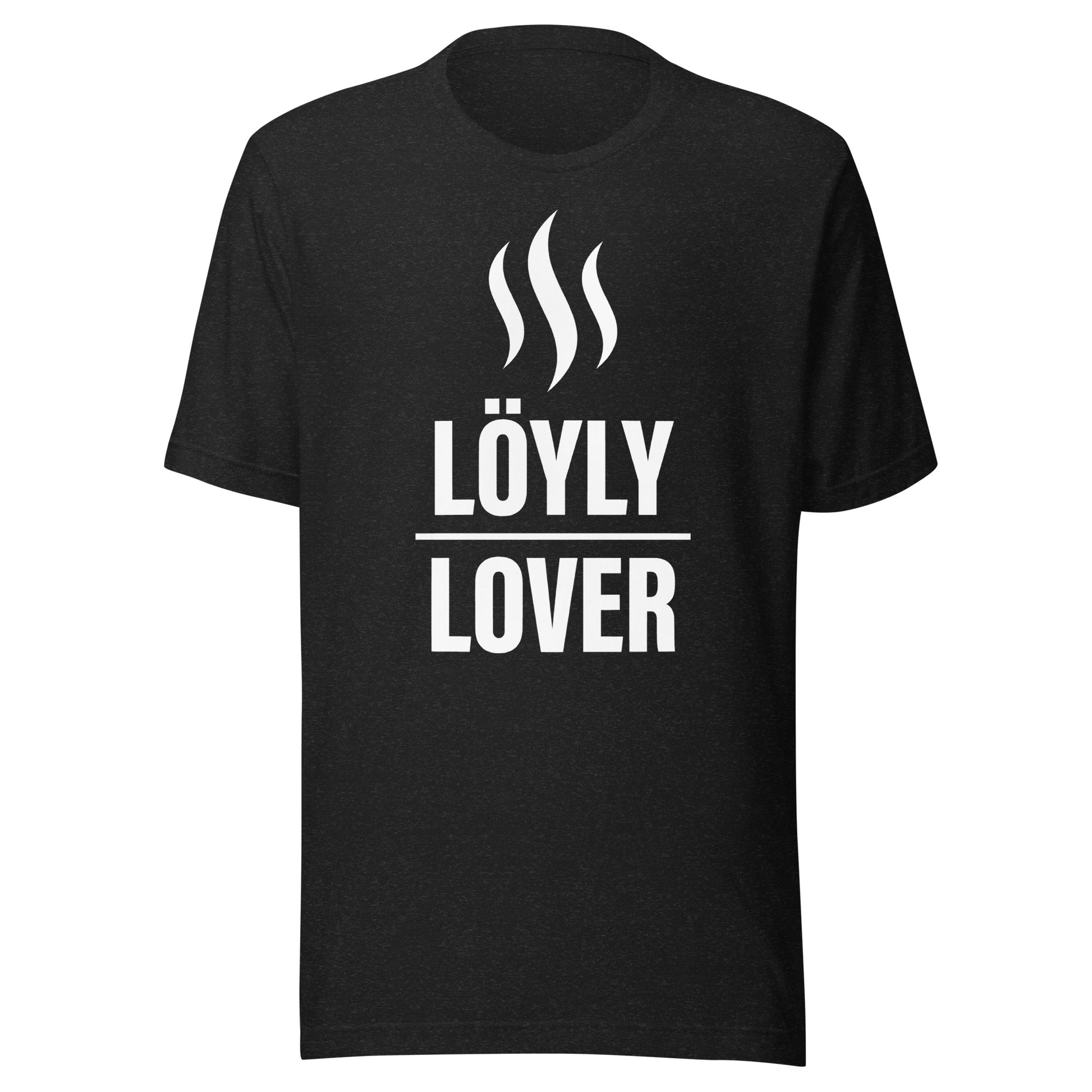 Löyly Lover t-shirt in black heather, flat front view showing the Löyly Lover sauna print, Very Finnish Problems
