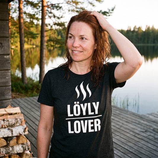 Löyly Lover t-shirt in black heather, worn by a woman cooling off on a sauna deck by a Finnish lake, Very Finnish Problems