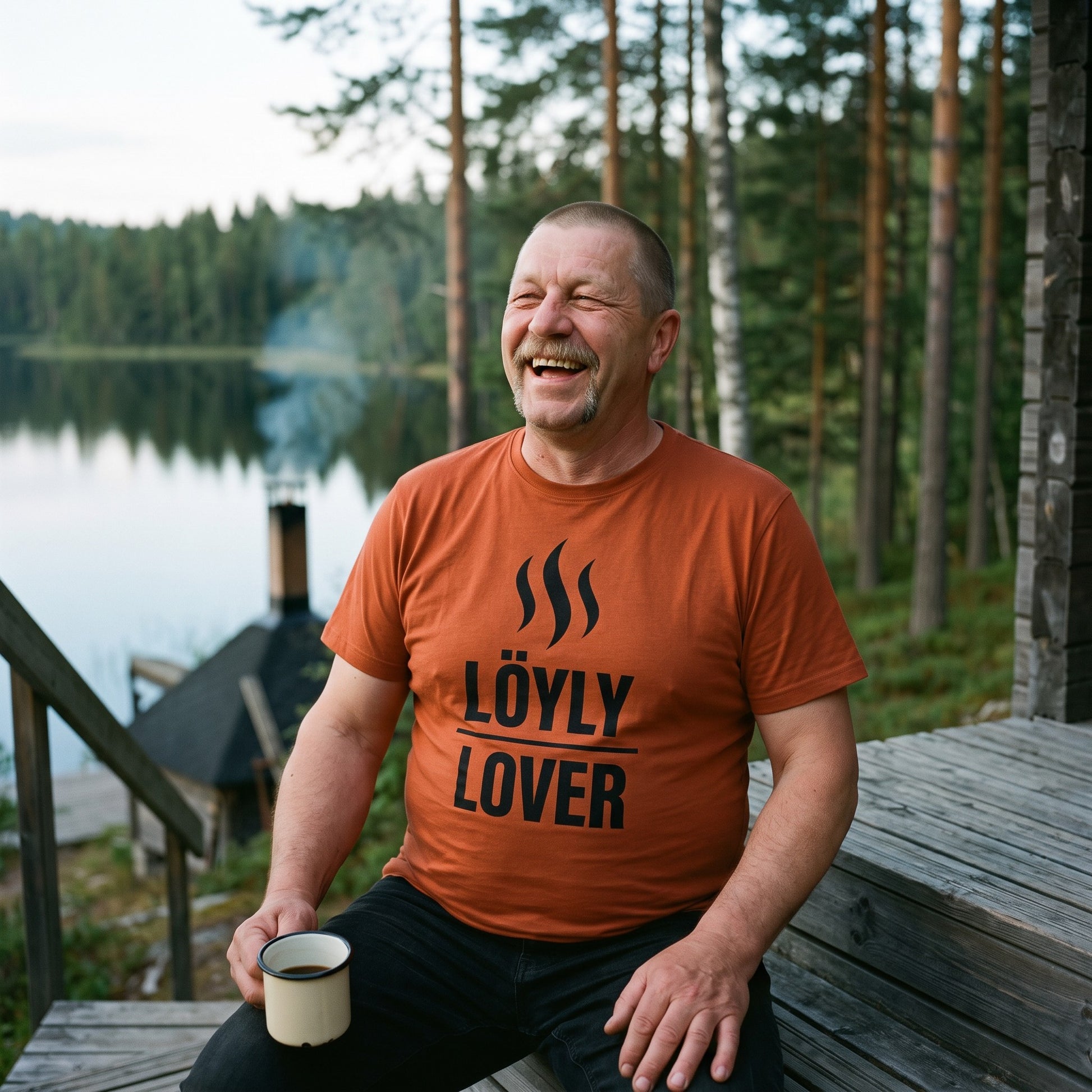 Löyly Lover t-shirt in burnt orange, worn by a man laughing on the steps of a Finnish mökki, Very Finnish Problems
