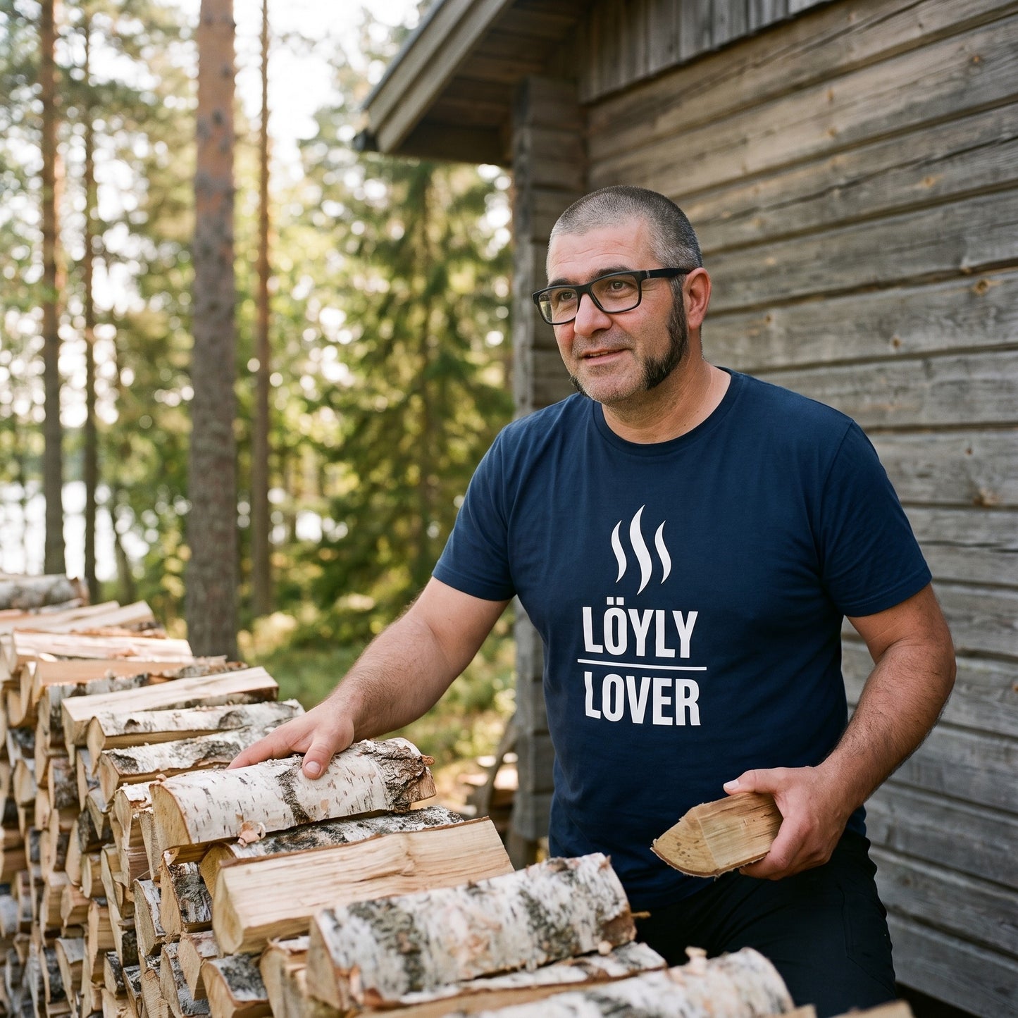 Löyly Lover t-shirt in navy, worn by a man stacking birch logs at a lakeside sauna woodpile, Very Finnish Problems