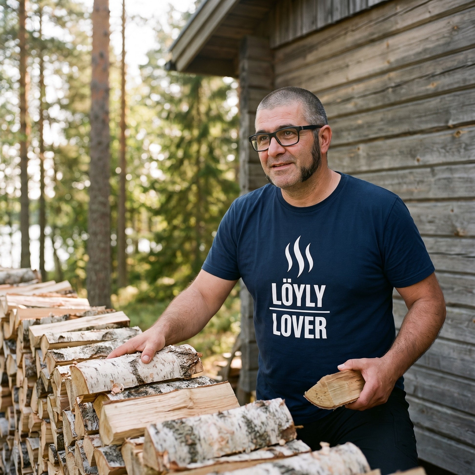 Löyly Lover t-shirt in navy, worn by a man stacking birch logs at a lakeside sauna woodpile, Very Finnish Problems