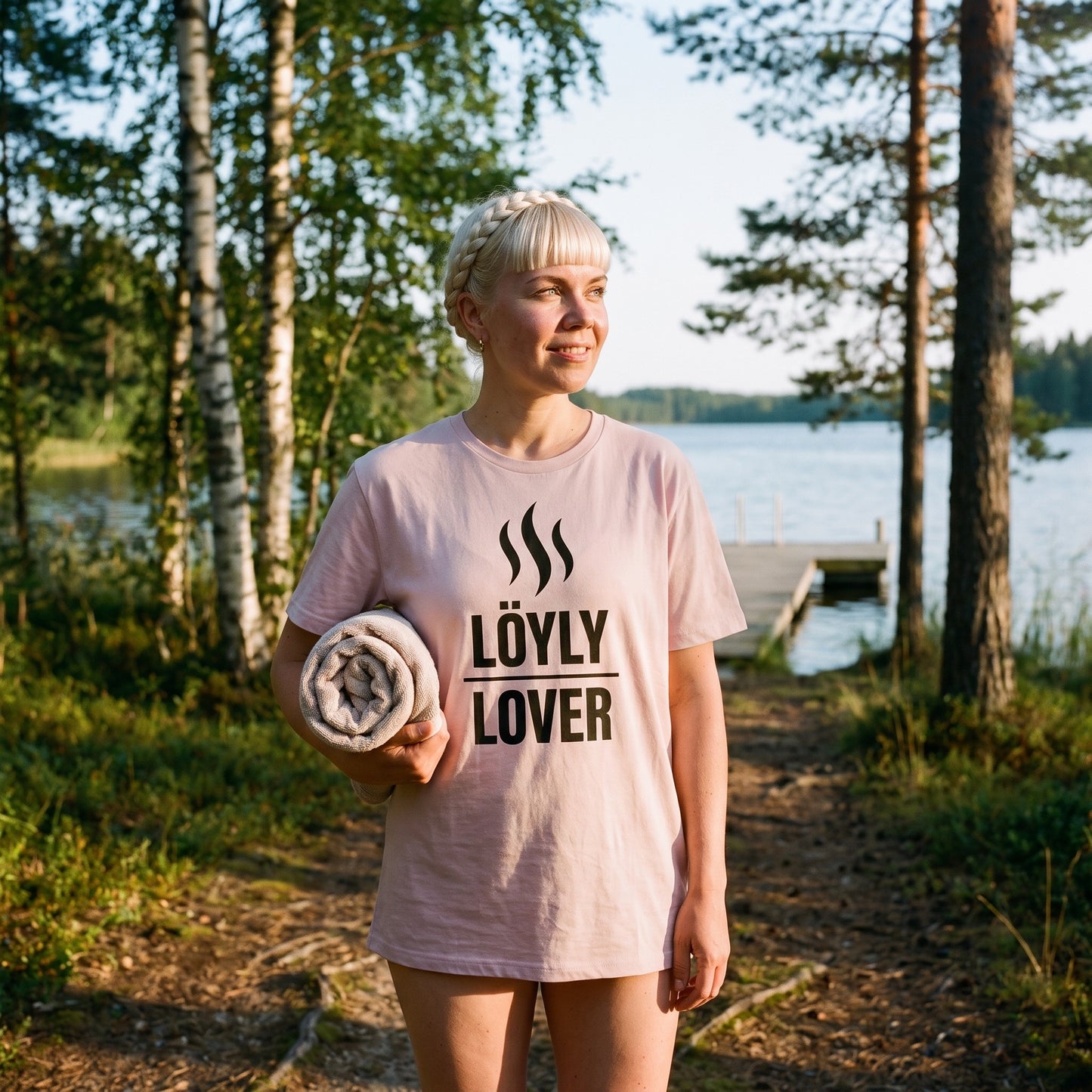Löyly Lover t-shirt in pink, worn by a woman walking up the path from a lake jetty to a mökki sauna, Very Finnish Problems