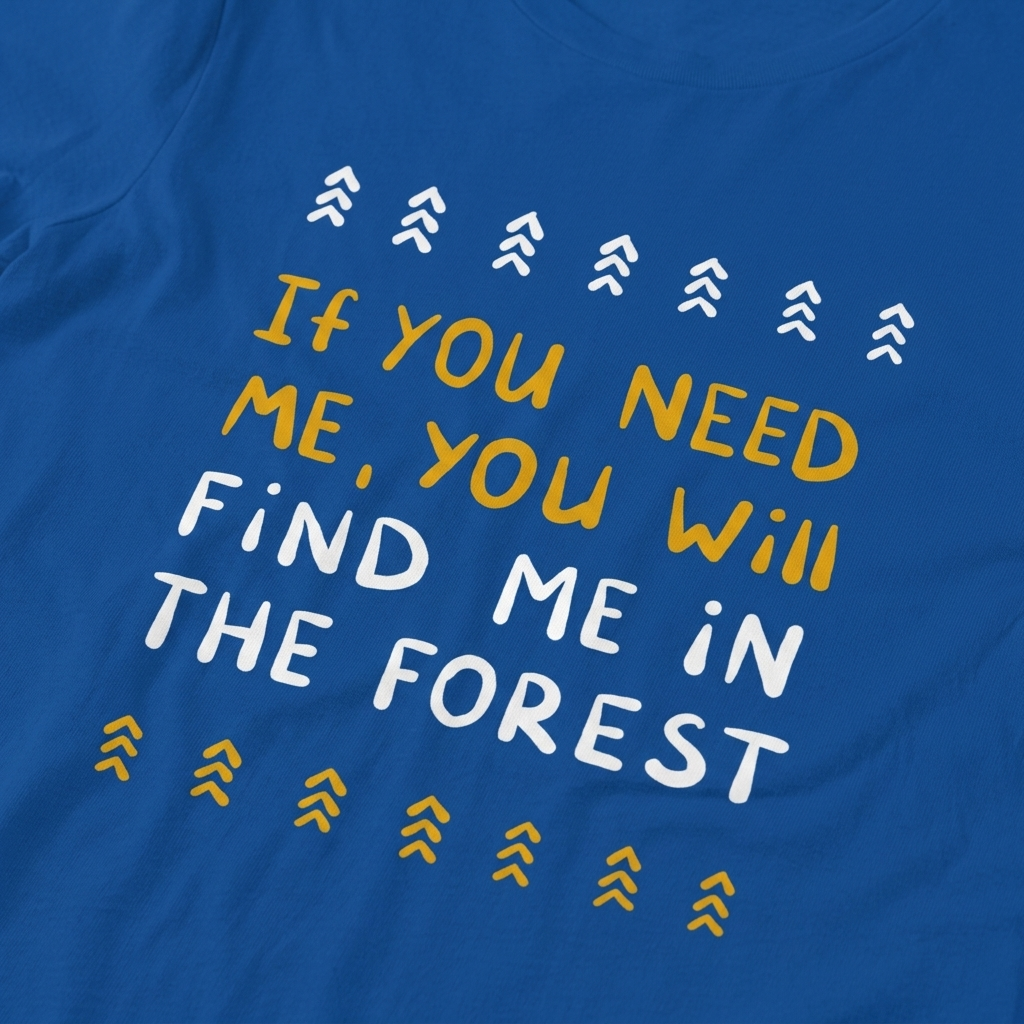 Close-up print detail of blue Forest Person t-shirt