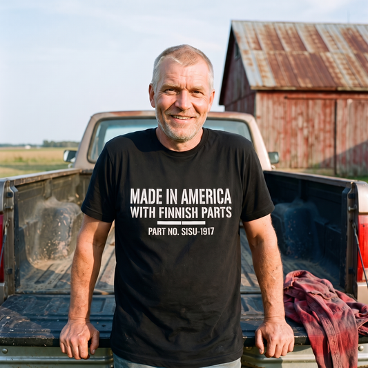 Made in America with Finnish Parts t-shirt in black, worn by a man at a red barn in rural Michigan, Very Finnish Problems
