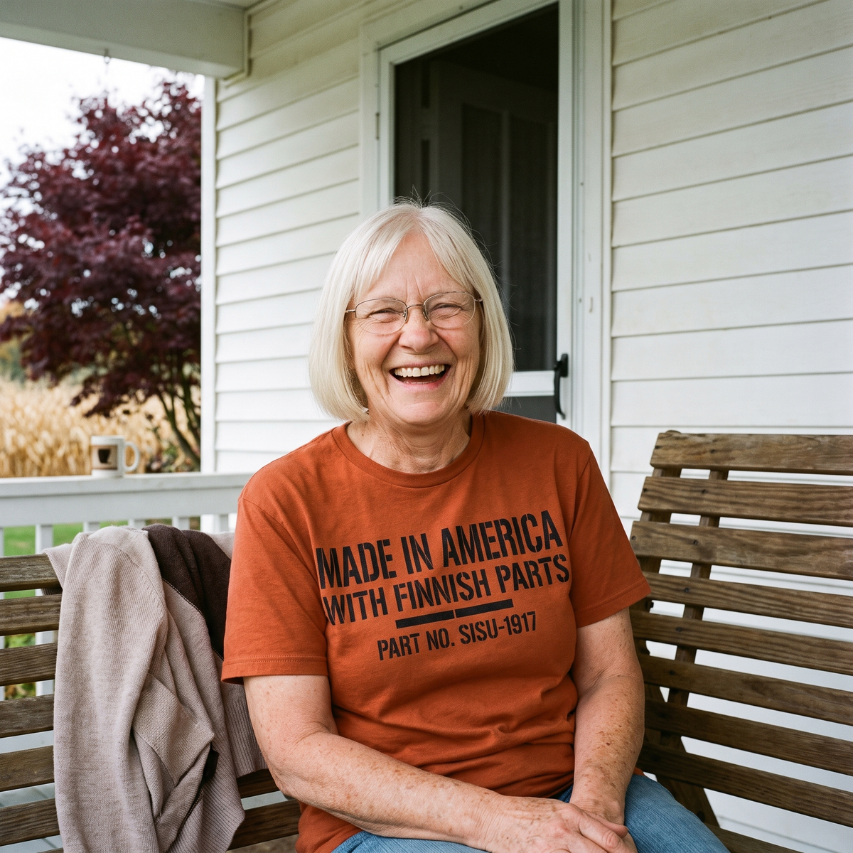 Made in America with Finnish Parts t-shirt in burnt orange, worn by a woman on a farmhouse porch swing, Very Finnish Problems
