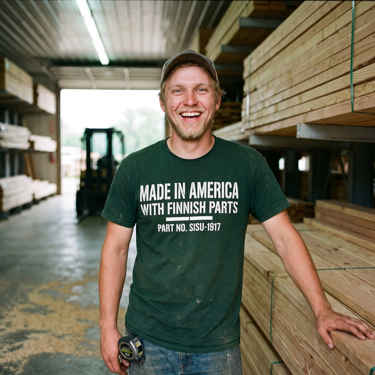 Made in America with Finnish Parts t-shirt in forest green, worn by a man in a lumber yard, Very Finnish Problems