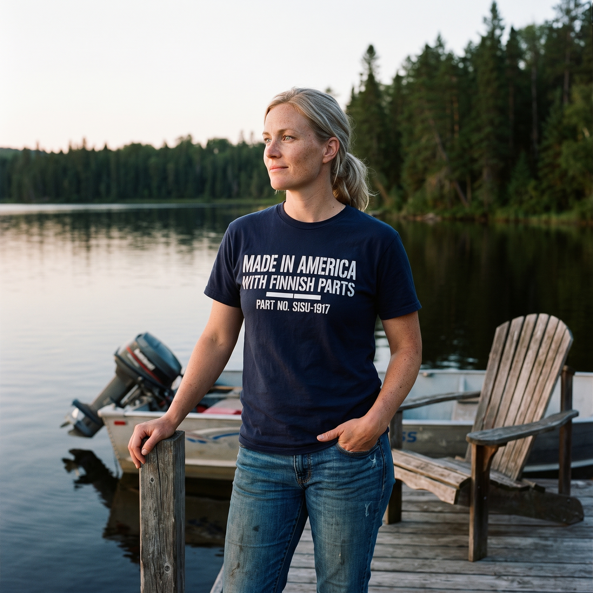 Made in America with Finnish Parts t-shirt in navy, worn by a woman on a Minnesota lake dock, Very Finnish Problems
