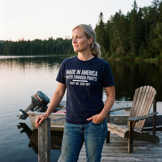 Made in America with Finnish Parts t-shirt in navy, worn by a woman on a Minnesota lake dock, Very Finnish Problems
