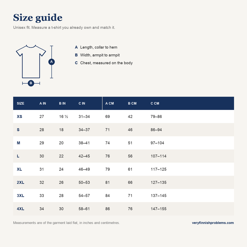 Unisex t-shirt size guide XS to 4XL in inches and centimetres, Very Finnish Problems