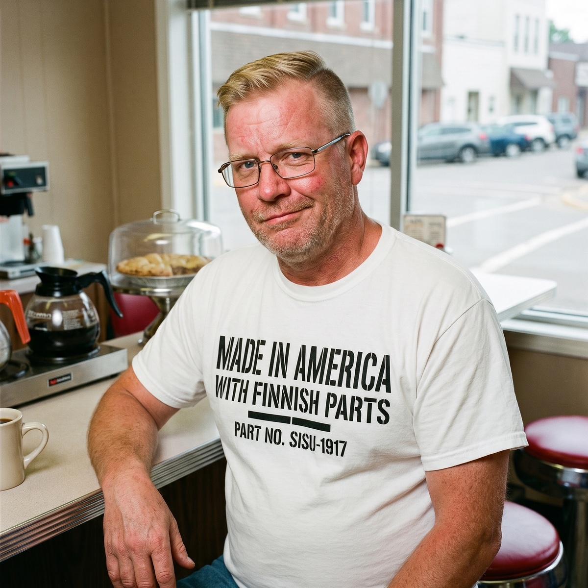 Made in America with Finnish Parts t-shirt in white, worn by a man at a small-town diner counter, Very Finnish Problems