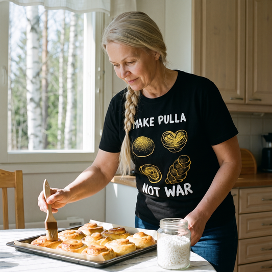 Make Pulla Not War t-shirt in black, worn by Anneli glazing a tray of fresh pulla in a Finnish kitchen, Very Finnish Problems