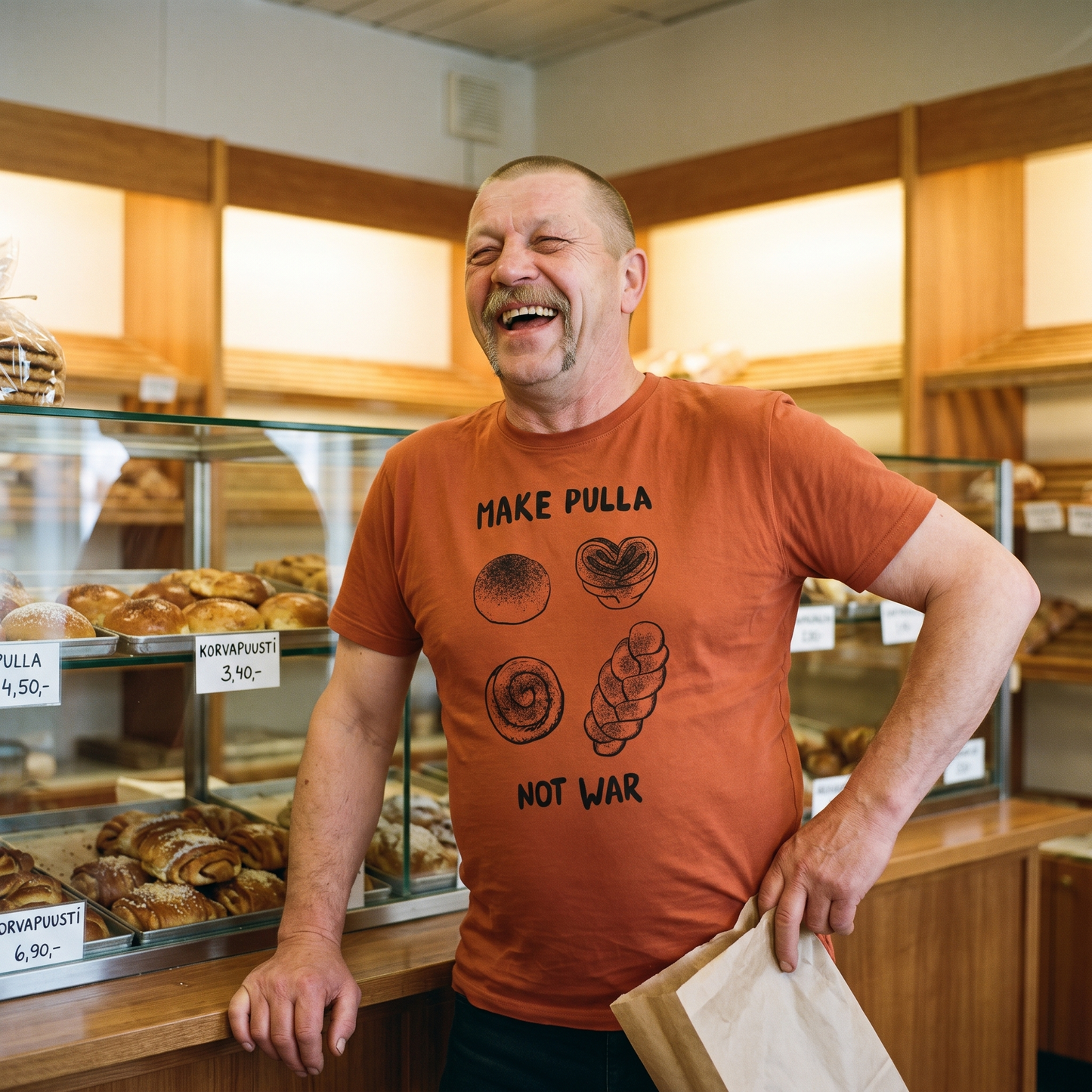 Make Pulla Not War t-shirt in burnt orange, worn by Juha laughing at a Finnish bakery counter, Very Finnish Problems