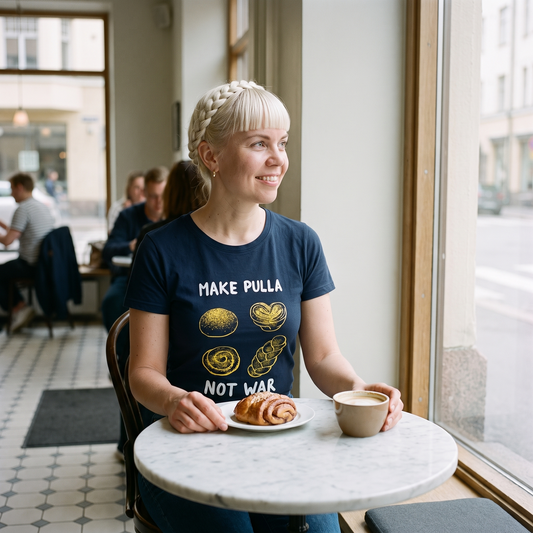 Make Pulla Not War t-shirt in navy, worn by Venla with coffee and a korvapuusti in a Helsinki cafe, Very Finnish Problems