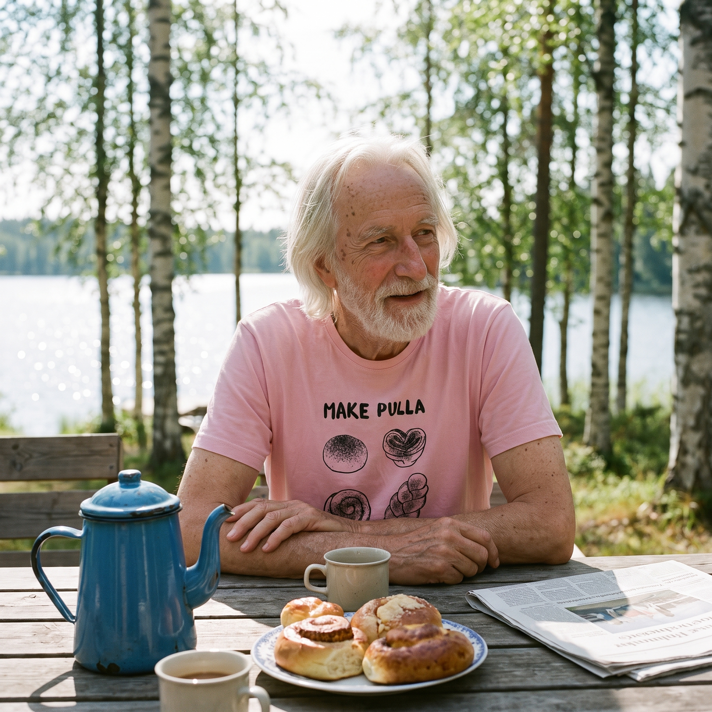 Make Pulla Not War t-shirt in pink, worn by Pertti with coffee and pulla on a mökki veranda, Very Finnish Problems