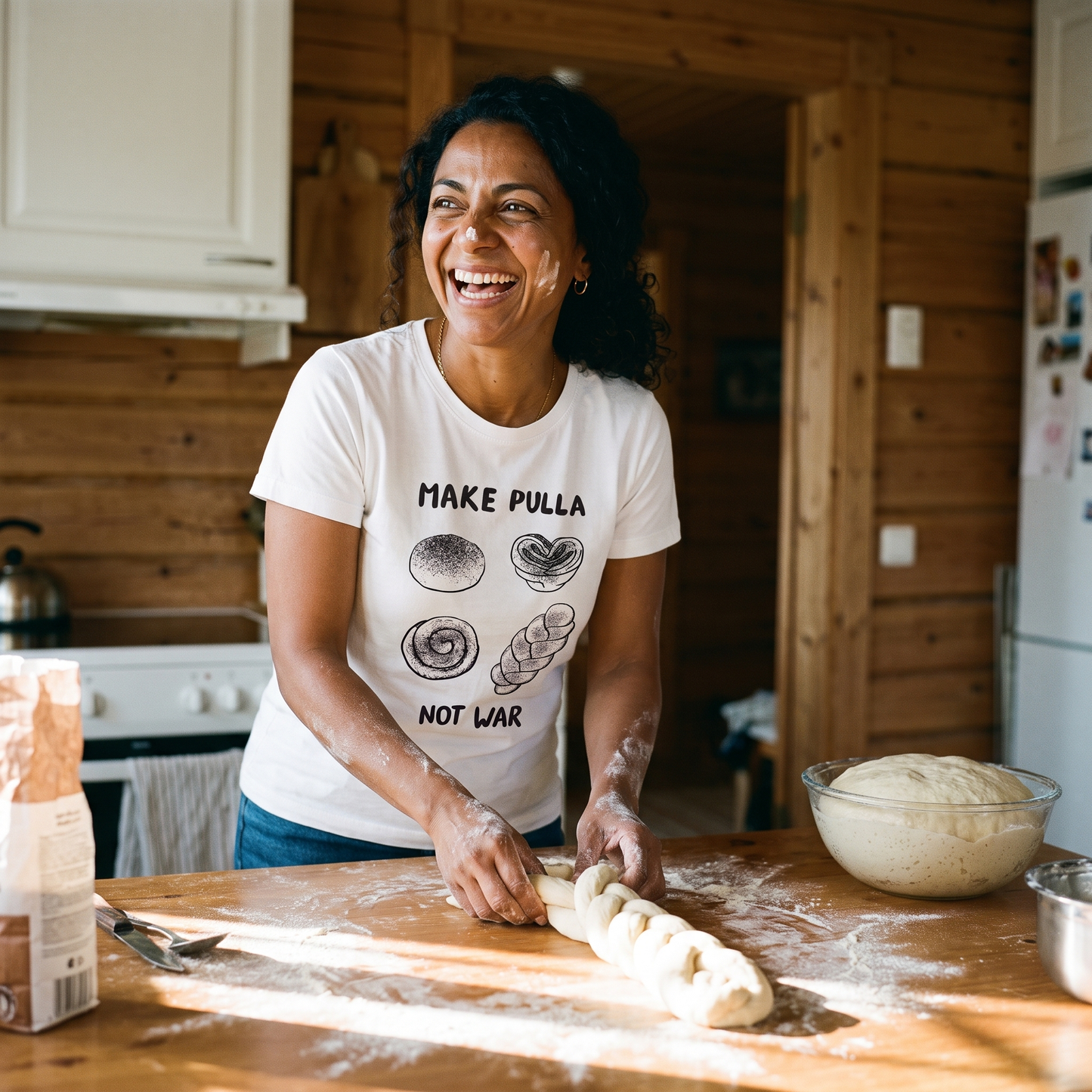 Make Pulla Not War t-shirt in white, worn by Nea plaiting pulla dough at a floured table, Very Finnish Problems
