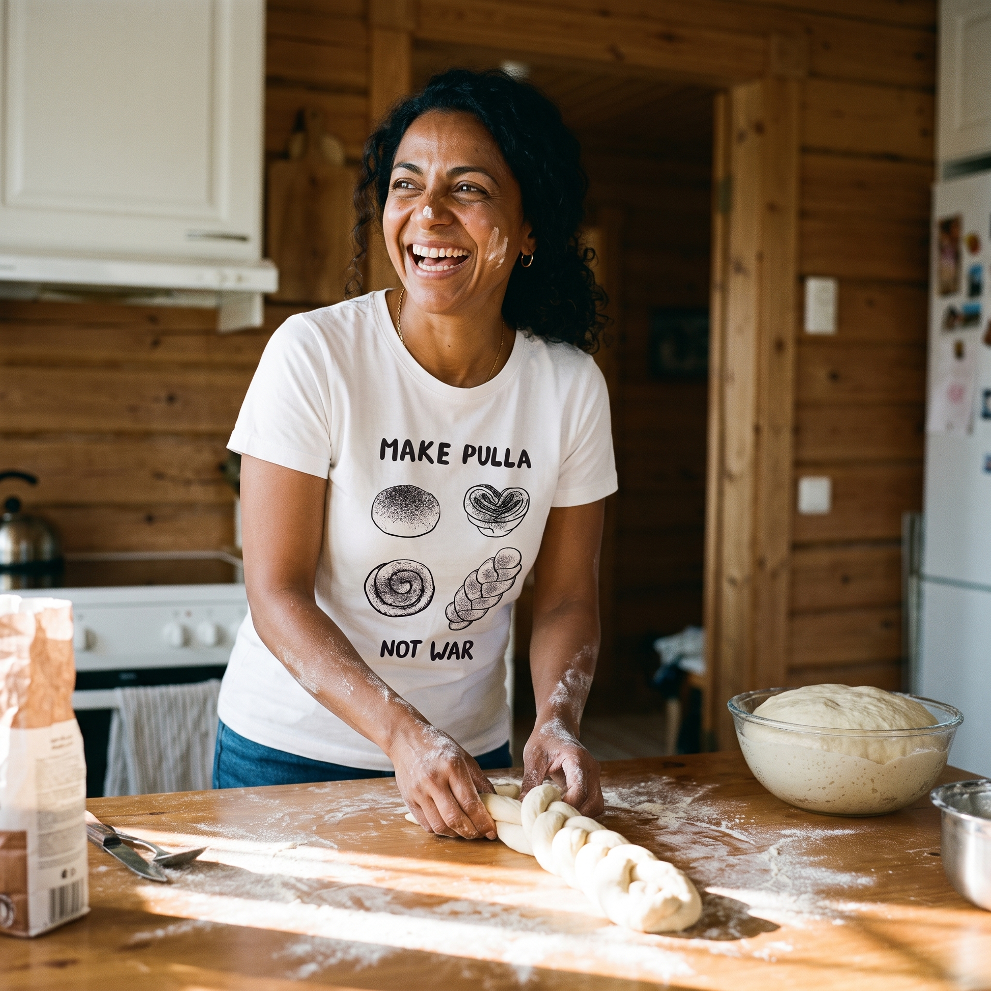 Make Pulla Not War t-shirt in white, worn by Nea plaiting pulla dough at a floured table, Very Finnish Problems