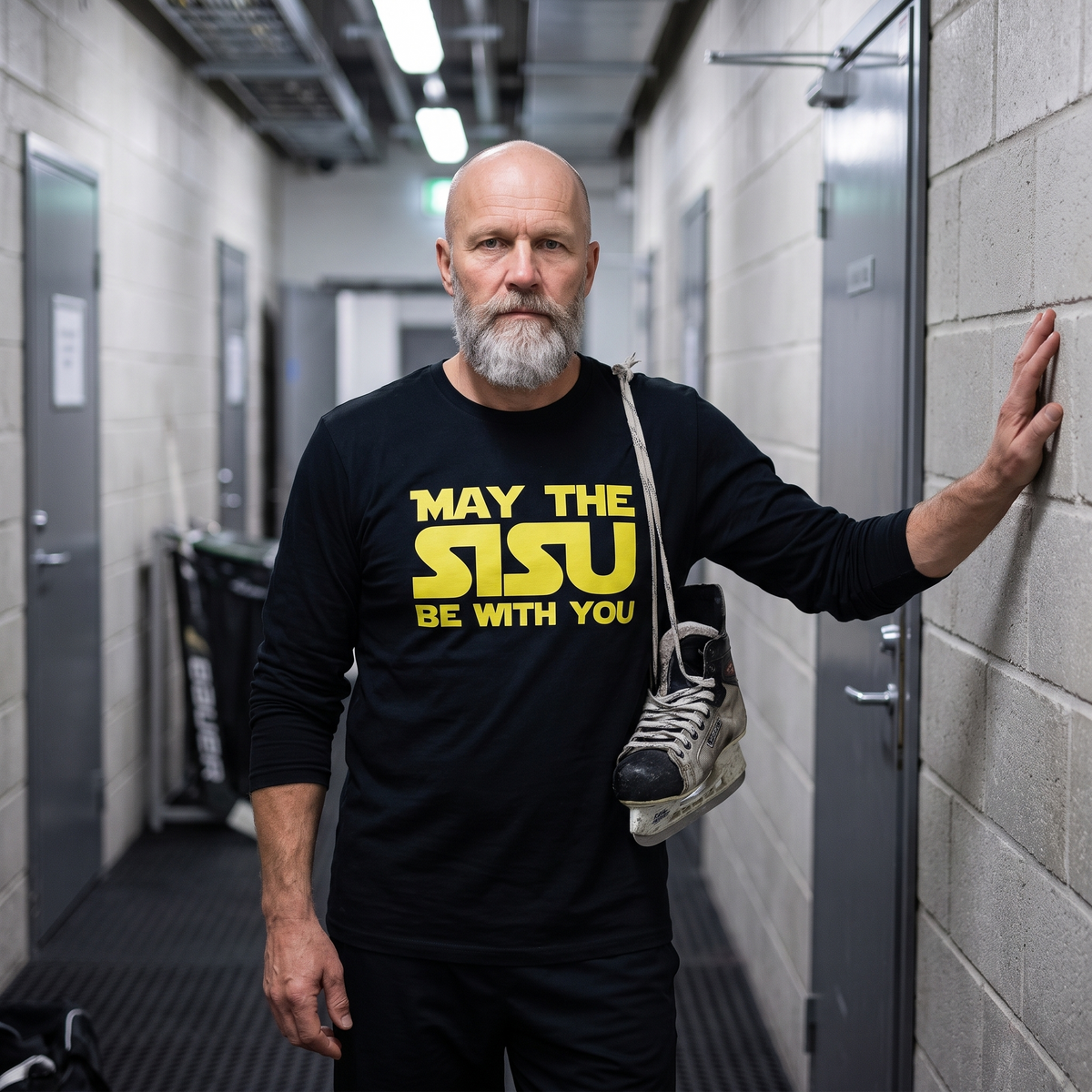 May the sisu be with you Finnish culture long sleeve tee in black, worn by Mikko outside an ice hall changing room, Very Finnish Problems