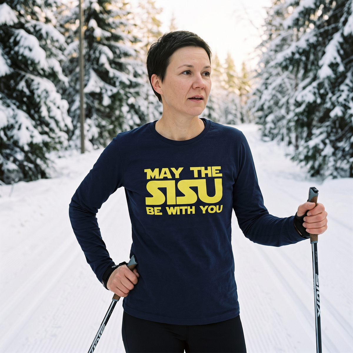 May the sisu be with you Finnish culture long sleeve tee in navy, worn by Katja on a cross-country ski track, Very Finnish Problems