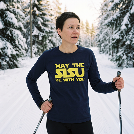 May the sisu be with you Finnish culture long sleeve tee in navy, worn by Katja on a cross-country ski track, Very Finnish Problems