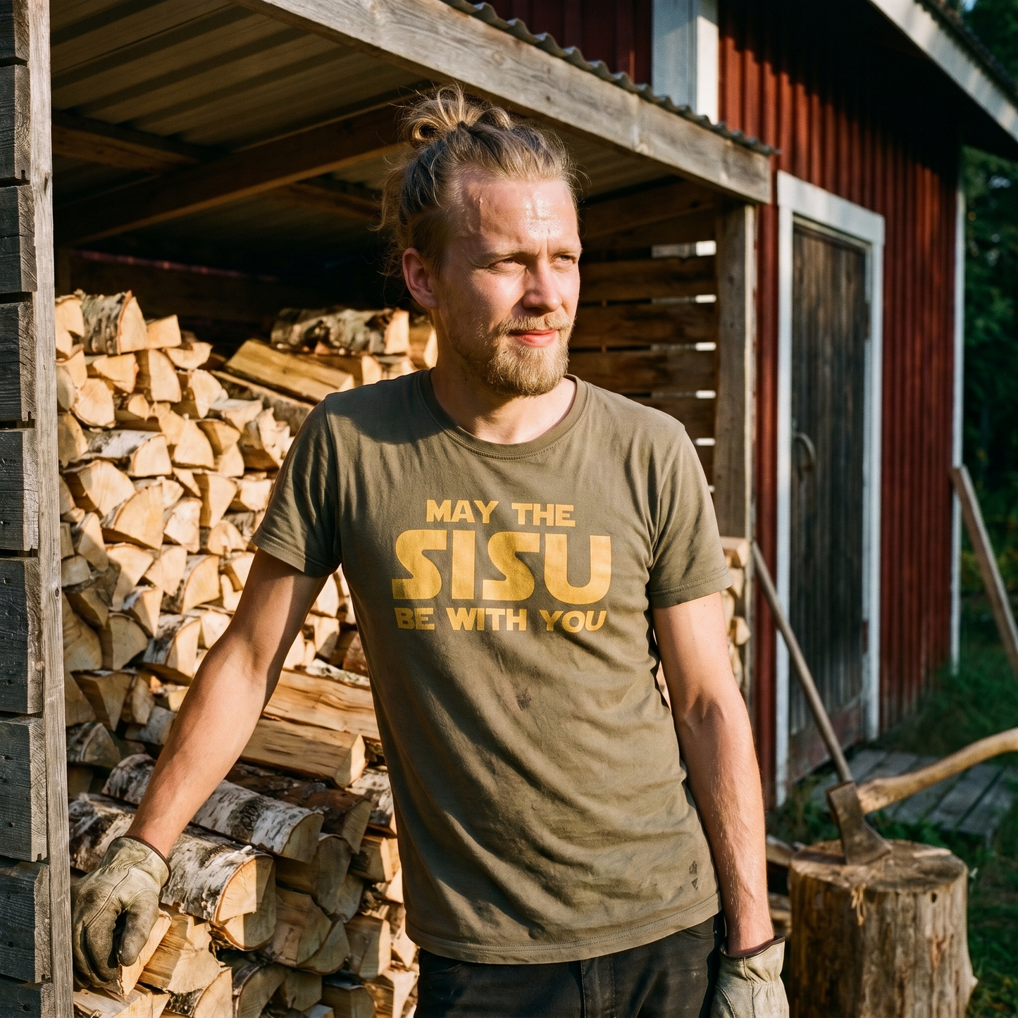 May the Sisu Be With You t-shirt in army green, worn by Joonas stacking firewood at the mökki, Very Finnish Problems