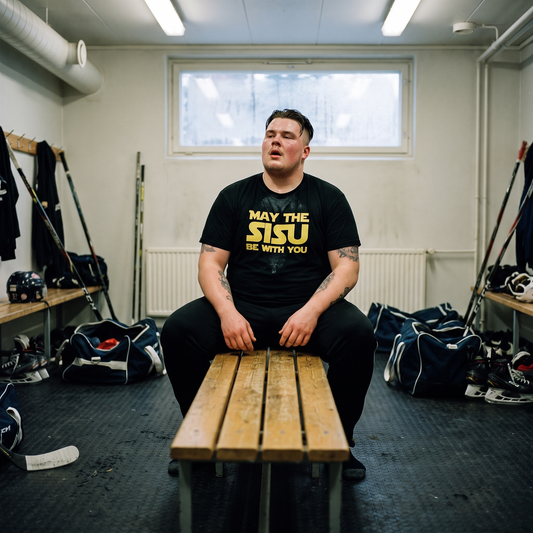 May the Sisu Be With You t-shirt in black, worn by Eetu in an ice hall changing room after a game, Very Finnish Problems