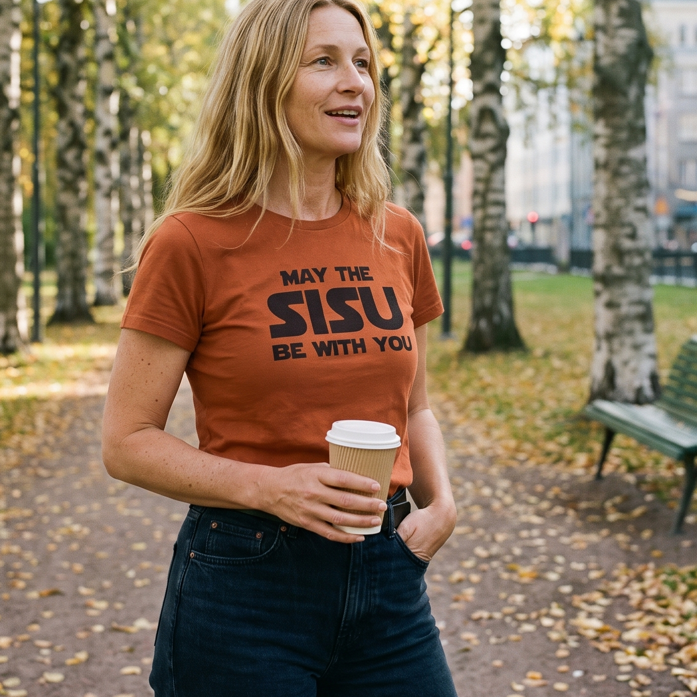 May the Sisu Be With You t-shirt in burnt orange, worn by Elina with a coffee in a Helsinki park, Very Finnish Problems