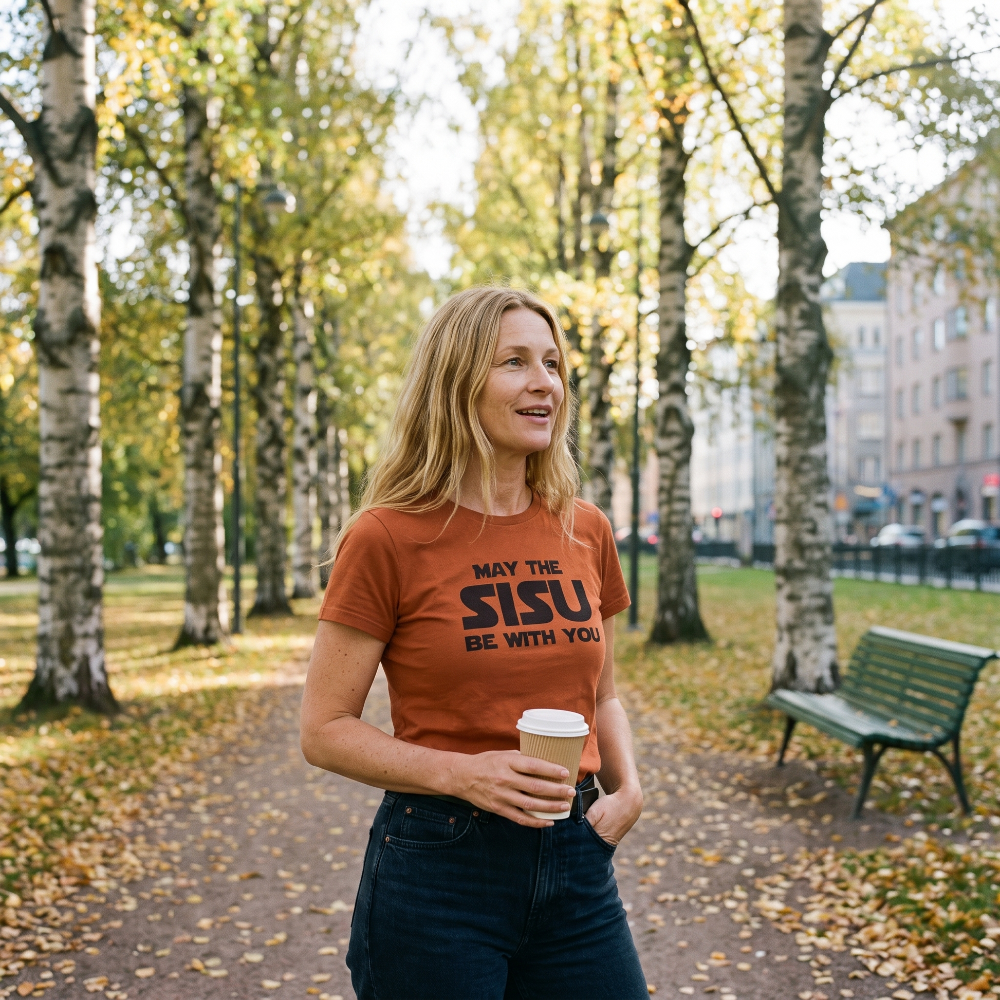 May the Sisu Be With You t-shirt in burnt orange, worn by Elina in a Helsinki park in autumn, Very Finnish Problems