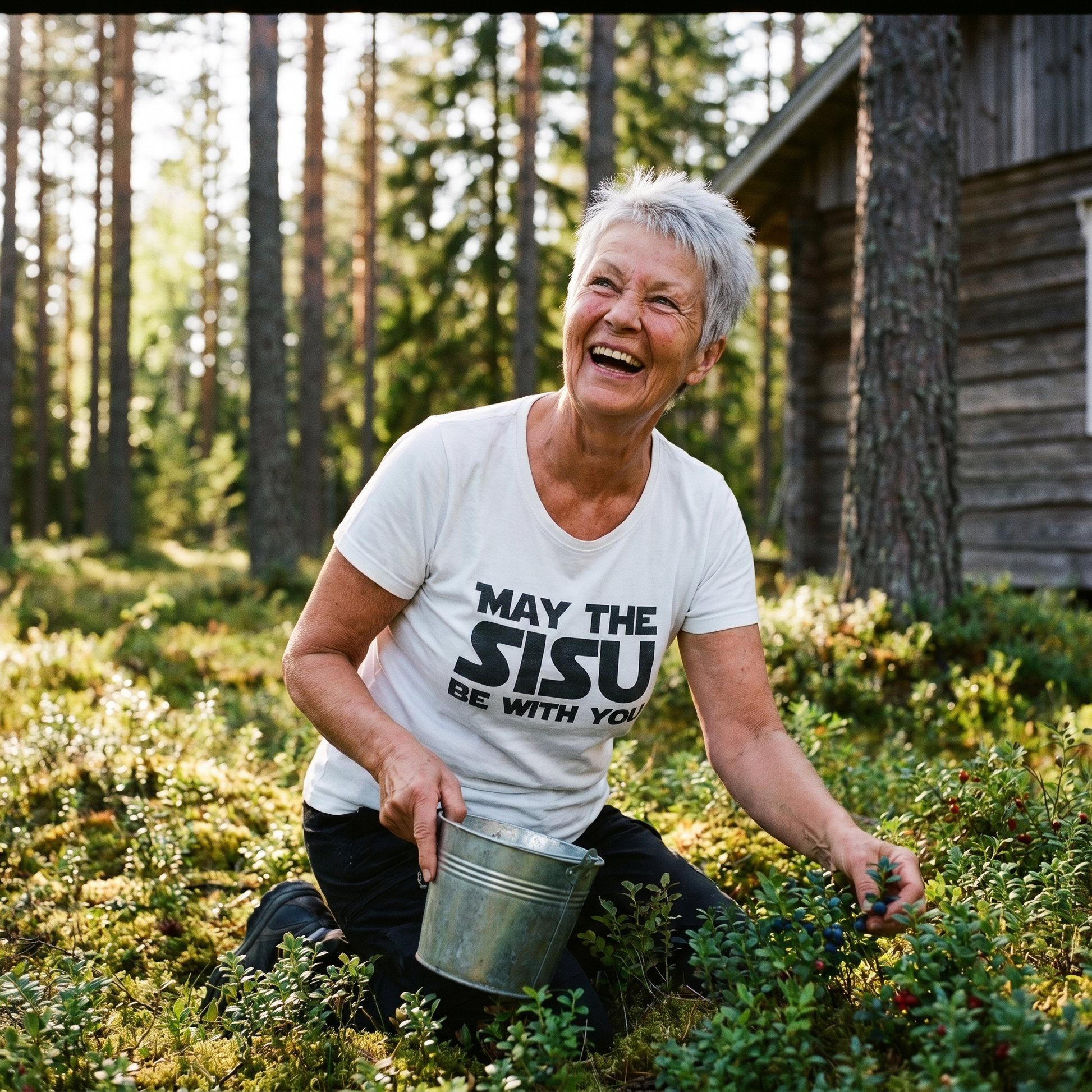 May the Sisu Be With You t-shirt in white, worn by Raija picking blueberries at the mökki, Very Finnish Problems