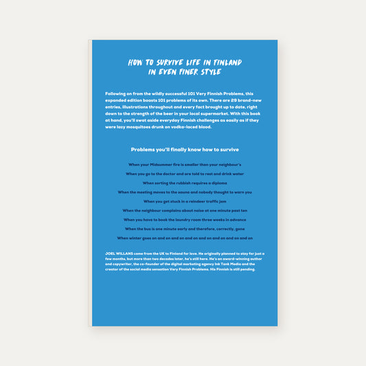 More Very Finnish Problems back cover, blurb and list of Finnish problems by Joel Willans